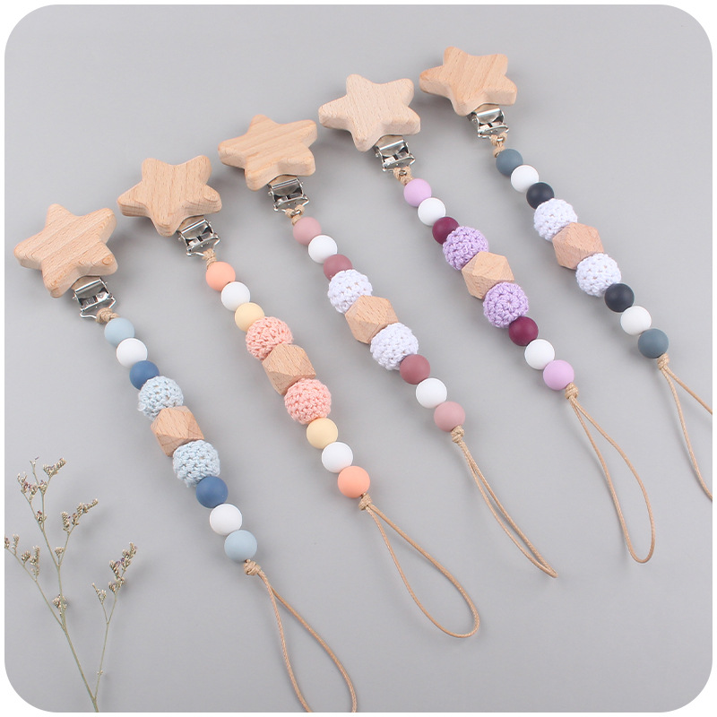 Nuevo bebé suministros estrella haya chupete clip bebé creativo madera octogonal mordedura silicona molar anti-gota cadena