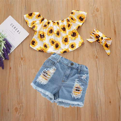 Girls'  New Summer Outfit: One-Shoulder Print Blouse and Denim Frayed Shorts Set for Summer Girls, Short-Sleeve Three-Piece Set