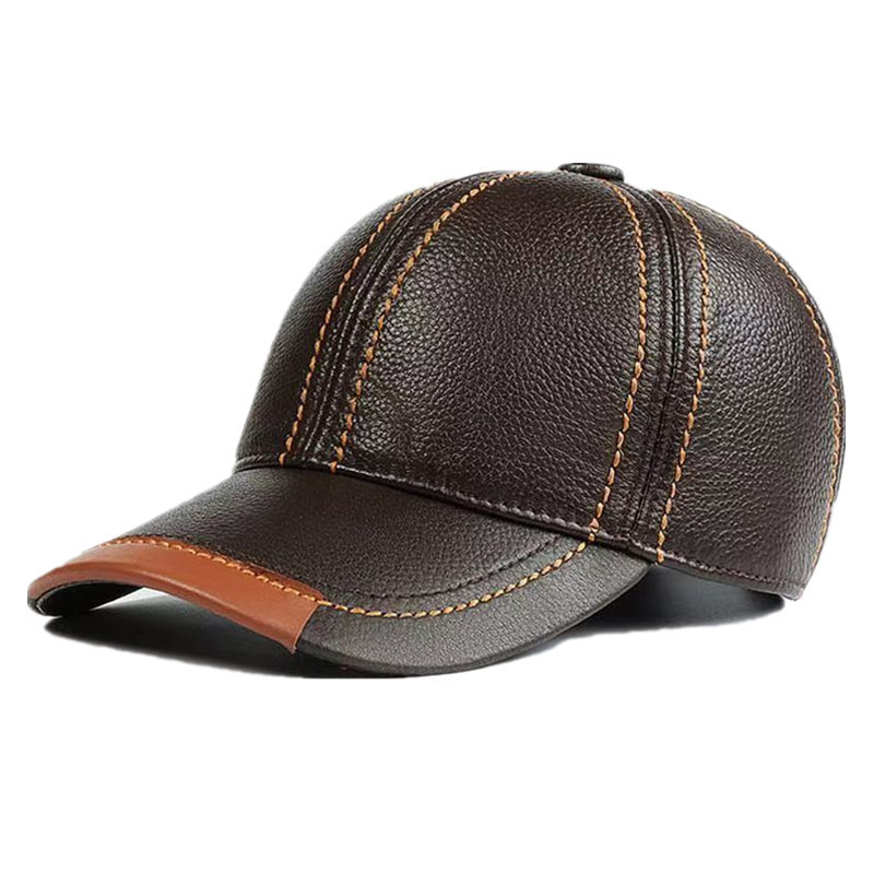 Winter Men's Genuine Leather Hat fleece-lined Thick Warm Cotton Hat for Middle-aged and Elderly People Domed Cowhide Cap Baseball Cap