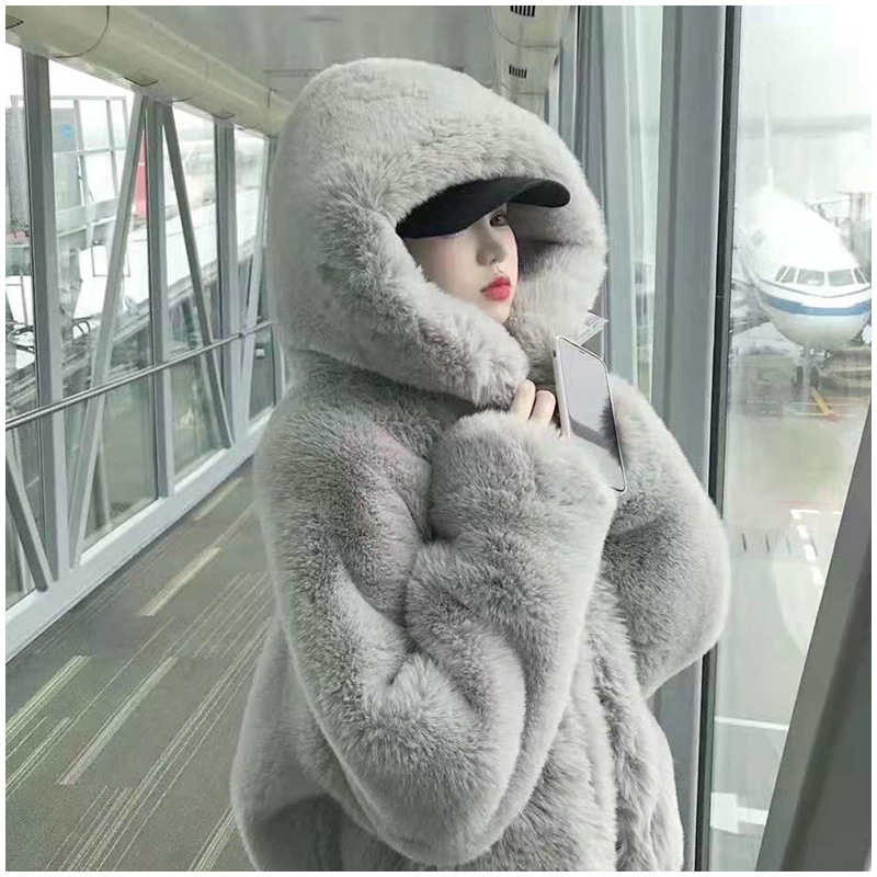 Imitation Rex Rabbit Fur Coat Women's Winter 2024 New Loose Young Mid-length Hooded Thickened Mao Mao Coat