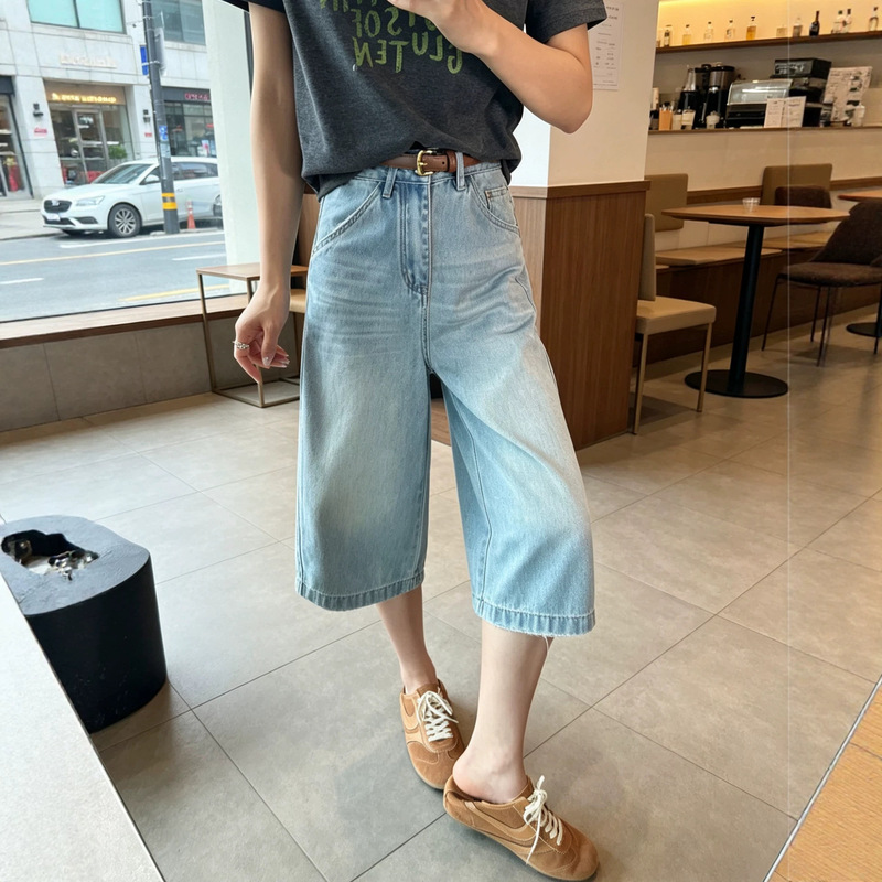 Summer Pants~ Blue Wide-Leg Cropped Jeans for Women, Thin Summer Style, High-Waisted, Loose Straight Pants for Petite Figures