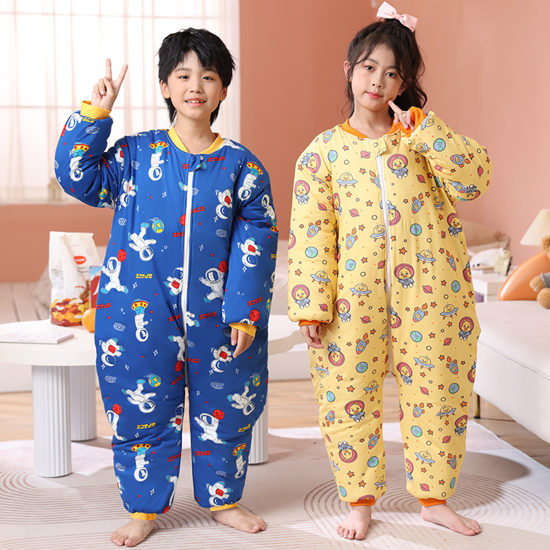 Children's One-Piece Pajamas Autumn and Winter 2025 New Pure Cotton Thickened Boys' and Girls' Anti-Kick Split-Leg Sleeping Bag for Older Children Winter