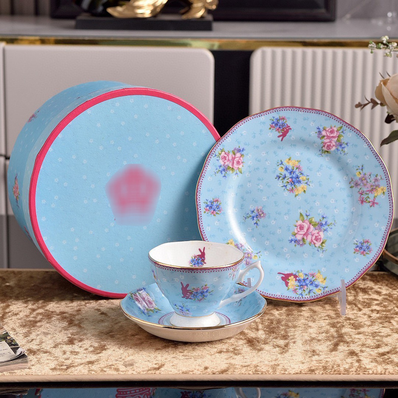 Royal Bone China Afternoon Tea Three-Piece Cute Rabbit Baby Series Bone China 8inch Dessert Plate Coffee Cup and Saucer Housewarming Gift