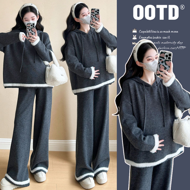 Maternity Suit Autumn and Winter 5 Korean Style Soft and Waxy Fashionable Sweater Casual Hoodie Wide Leg Pants Two-Piece Set