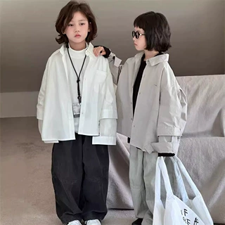【清仓特卖】秋季新款儿童纯色衬衫男女童假两件时尚百搭衬衣外套