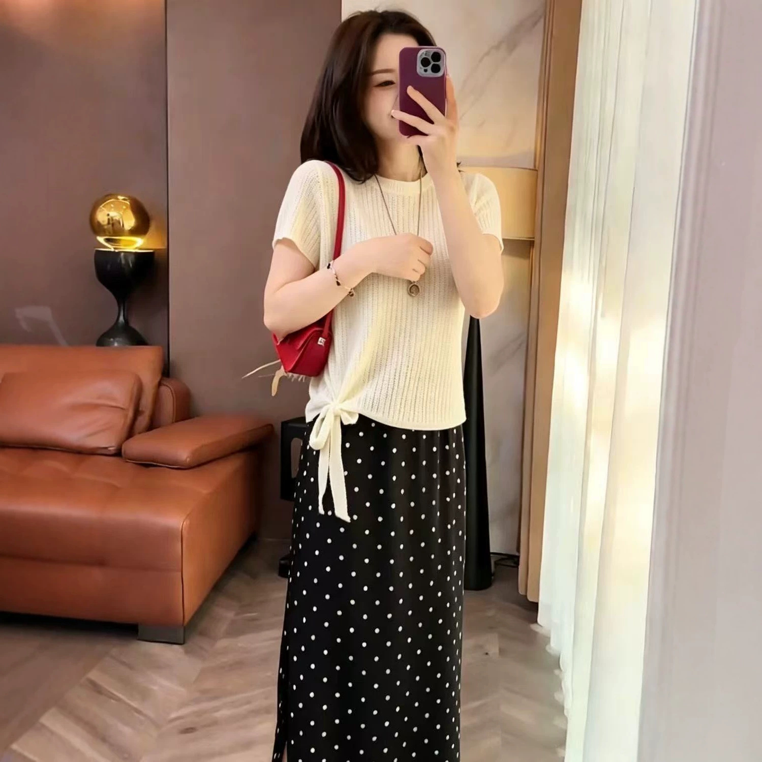 Summer New Korean Style Relaxed Chic Round Neck Knitted Short-Sleeve Top with Slit Polka Dot Skirt Two-Piece Set