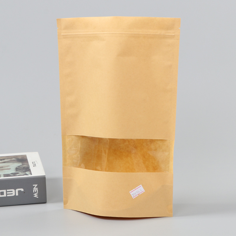Spot bolsa de papel kraft con ventana transparente bolsa de embalaje de alimentos autosellada autoportante bolsa de té sellada de ocho lados fácil de rasgar