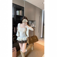 【工厂直销】人棉蕾丝拼接波点荷叶边吊带针织开衫两件时尚套装秋
