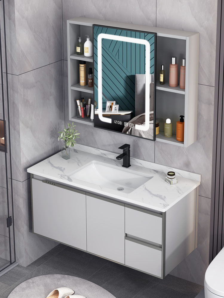 Gabinete de lavabo de aluminio espacio combinación baño gabinete de baño integrado lavabo de cerámica lavabo mesa de lavado espejo gabinete
