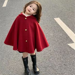 Autumn and Winter Women's Children's Coat Cloak Baby Trendy Children's Personality Trendy Korean Style Fashionable Hooded Red Cloak Shawl