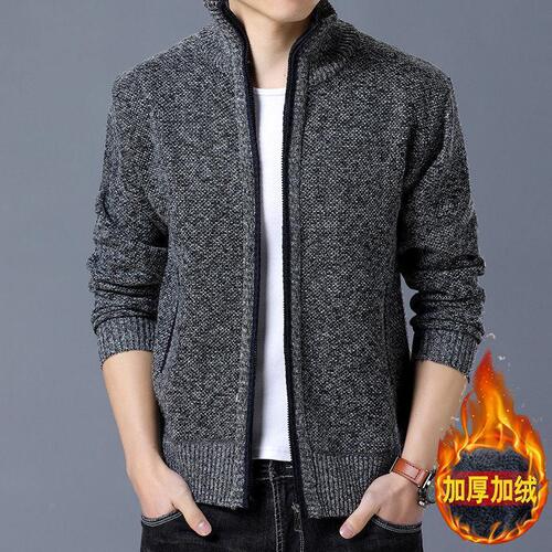 Outdoor Winter Men's Sweater Coat, Thickened Fleece-Lined, Loose-Fitting Knitwear, Men's Casual Zip-Up Knitted Top