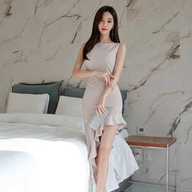 外贸女装2023韩版夏装新款圆领无袖不规则下摆连衣裙女包臀裙