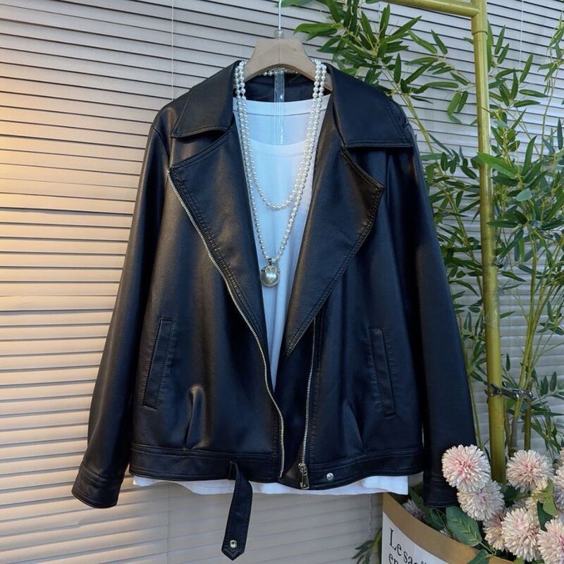 Plus-Size Women's Leather Jacket with a Turn-Down Collar, New Spring and Autumn Style, Versatile and Stylish Biker Leather Jacket for Petite Women