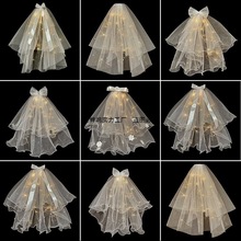 发光公主小头纱夜市批发短款拍照道具森系登记领证蝴蝶结儿童头饰