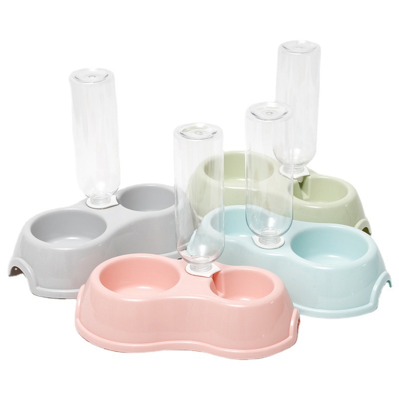 Thin INS with drinking water bottle round plastic pet double bowl to…