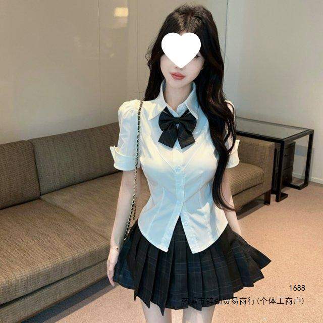 学院风jk裙少女全套夏季纯欲辣妹短袖收腰衬衫学生格子百褶裙套装
