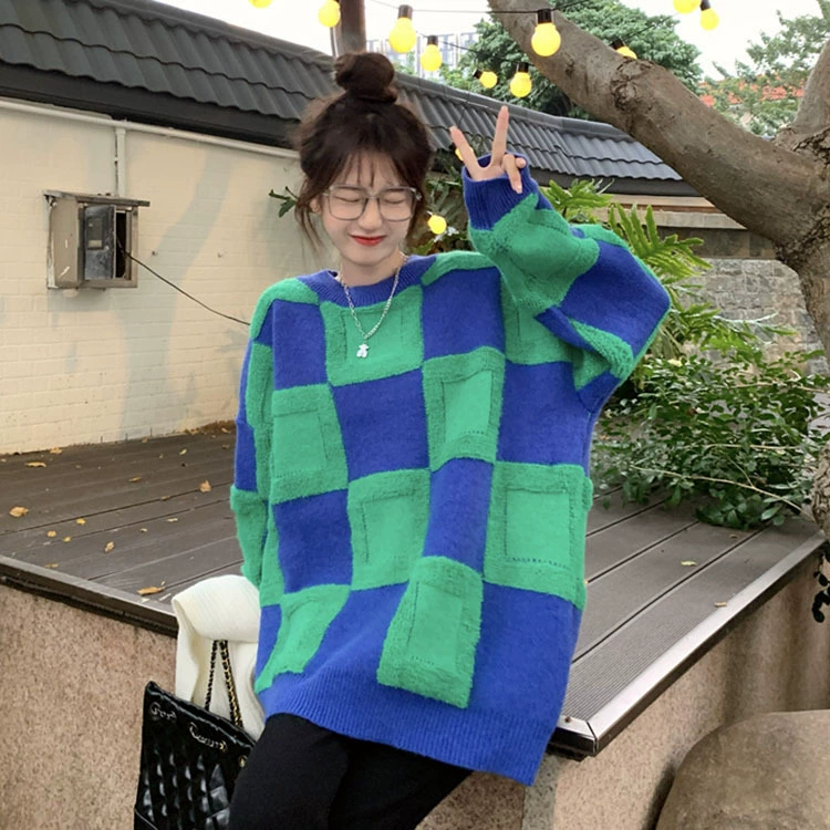 Весна Осень Зима Новый Шахматная Доска Внешняя Торговля Свободный Свитер Женский Круглый Шею С Длинным Рукавом Студенческая Повседневная Трикотажная Рубашка с Оптом