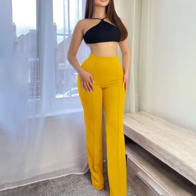 Dames broek hoge taille flared wijde pijpen elastisch_voghion.com
