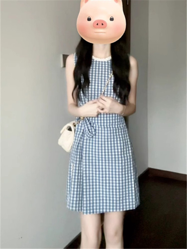 女性のための小さなノースリーブチェック柄ベストドレス夏のウエスト痩身フレンチスタイルレースアップAラインショートスカート|undefined