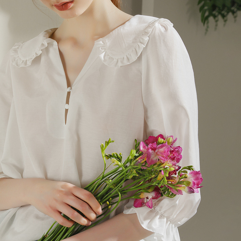 夏季新款复古真丝丝棉娃娃领衬衫女法式设计感少女衬衣女87030