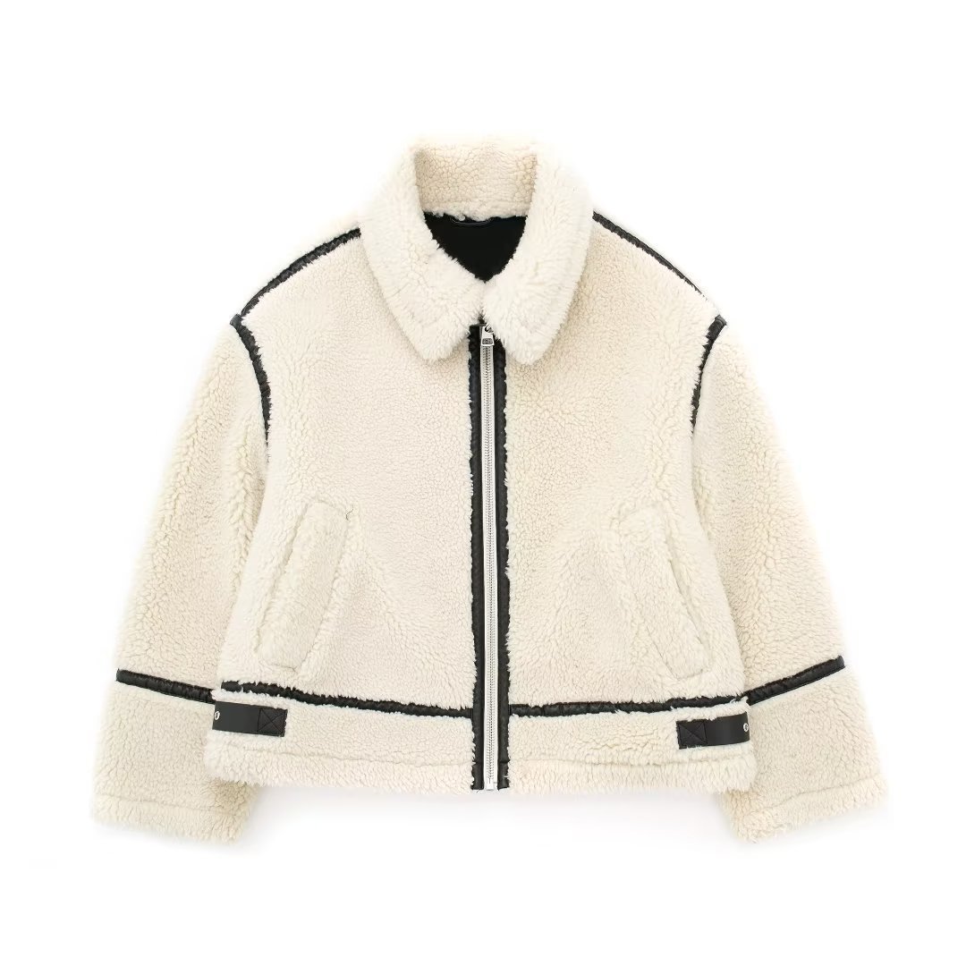 Dameskleding herfst en winter nieuwe mode bontjas opstaande kraag contrasterende kleur casual warme jas_voghion.com