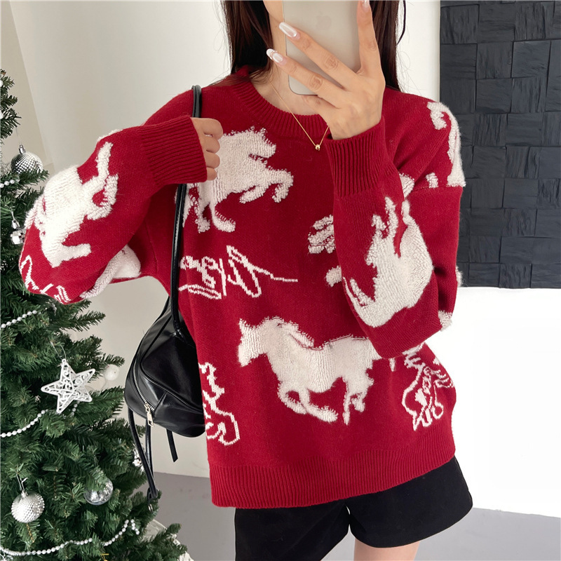 New Year and Christmas Red Sweater for Women, Winter 2026 New Popular Style, Loose and Stylish, Zodiac Year Knit Top