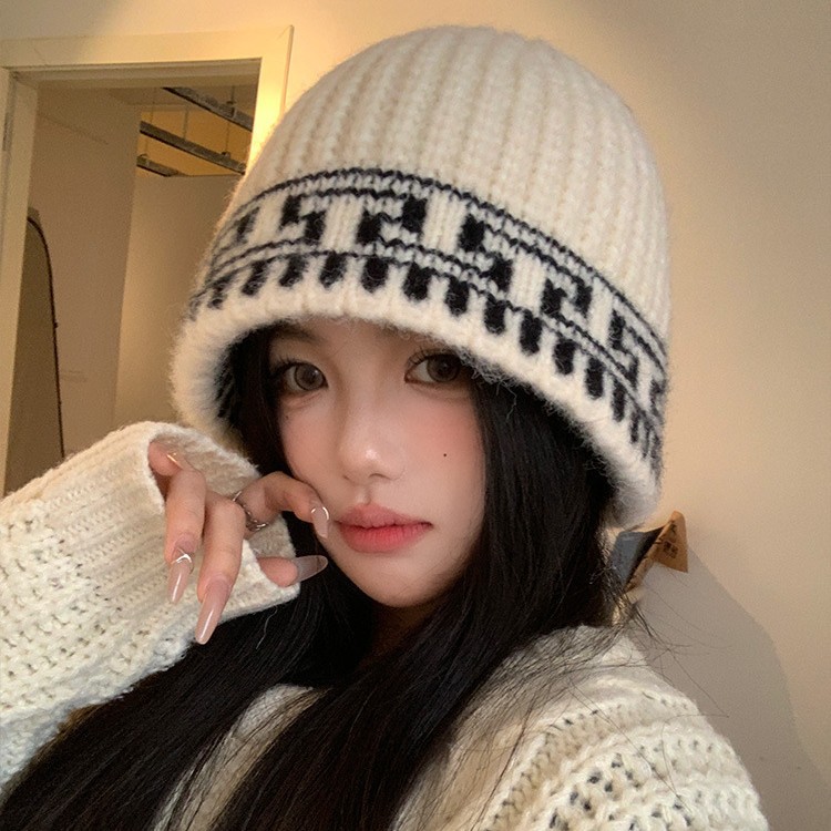 Retro Jacquard de punto sombrero pescador mujer otoño invierno 2026 amplio alrededor de la cabeza muestra la cara pequeña sombrero de lana cálida image 4