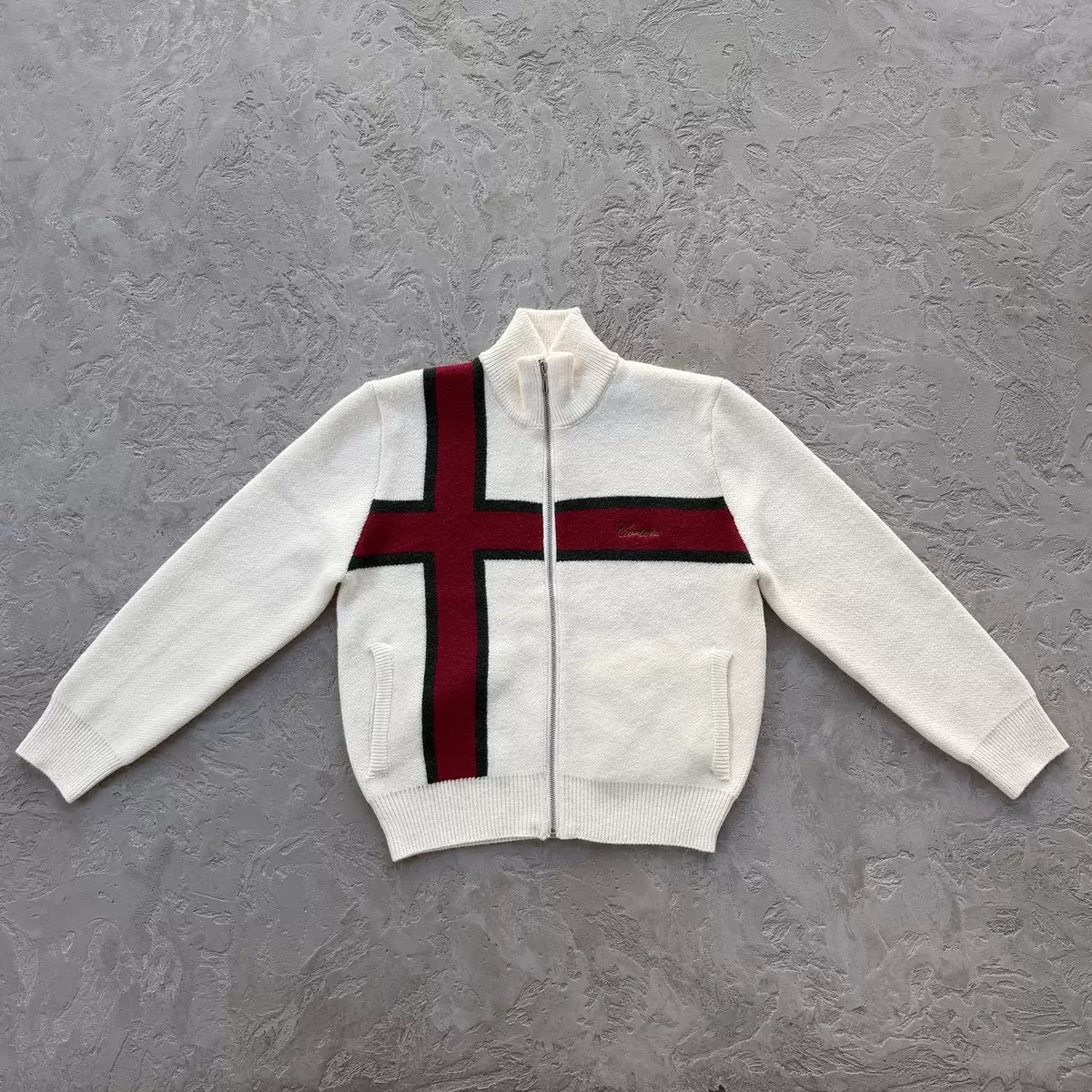 Corteiz Zip Sweater Cross Knit Cream Red
