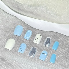 藍色穿戴甲顯白霧霾藍灰暈染美甲貼片2025年新款溫柔復古高級