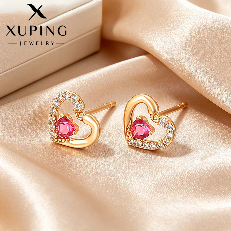 Xuping aleación de cobre chapado 18k simple estilo retro amor pernos de orejas incrustados con piedras preciosas artificiales de color elegante orejas