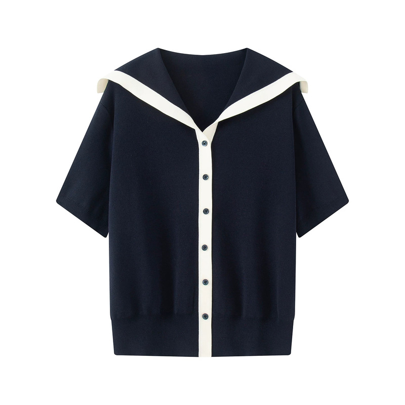 Same Style as in the Mall, 2026 Summer New Color-Block Button-Down Navy Collar Short-Sleeve Knit Cardigan Top for Women 2474