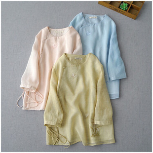 2025 Summer Ramie Embroidered Loose Top Artistic Retro Asymmetrical Slimming Embroidered Shirt Blouse Top
