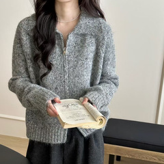 慵懒软糯翻领杂线双拉链毛衣外套女秋冬新款宽松针织开衫韩系上衣