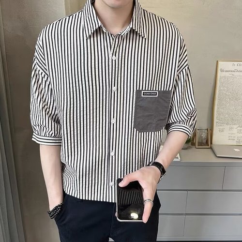 Pocket Summer Vertical Stripe Half-Sleeve Shirt for Men | Youth-Fit, Thin Mid-Sleeve Blouse