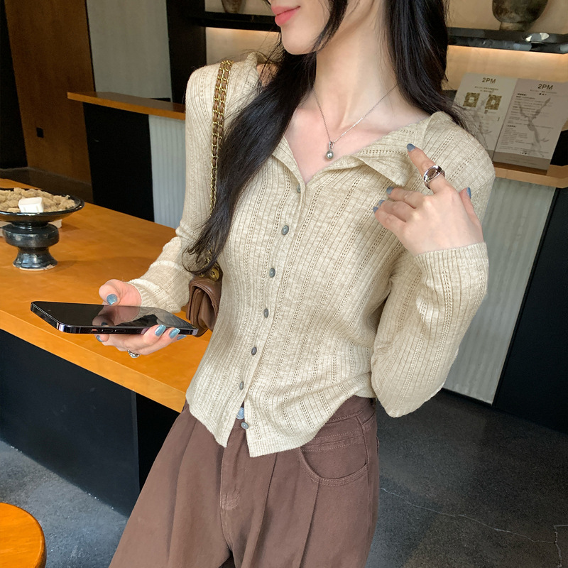Old Money Style Brown Hollow-Out Knit Cardigan for Women, Autumn/Winter 2026 New Luxury Short/Long Sleeve Top Jacket