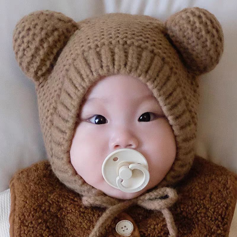 ベビー帽子秋と冬暖かいウール帽子かわいい赤ちゃん男の子と女の子クマ耳保護冬耳保護ニット帽子|undefined