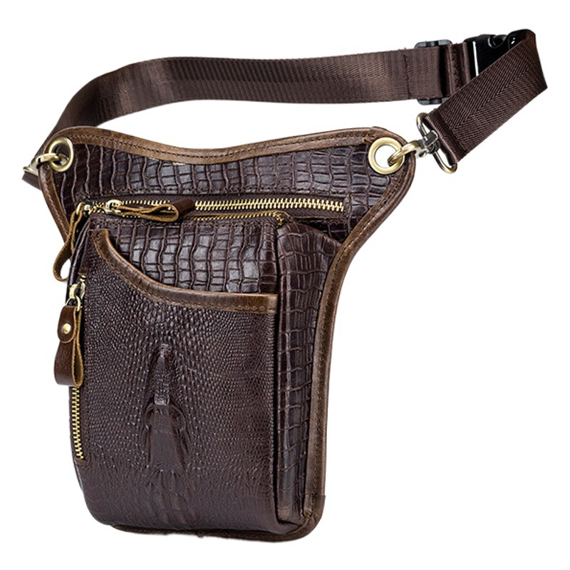 Lion Leiden First Layer Cowhide Men's Motorcycle Leg Bag European and American Retro Crocodile Pattern Leather Motorcycle Riding Waist Bag