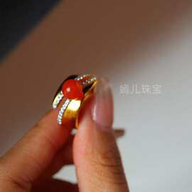 新款天然南红戒指通体S925银镀金ins高级感轻奢女戒小众手饰