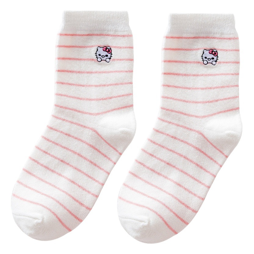 Cuatro estaciones lindo estilo japonés Corea del Sur calcetines súper calientes de dibujos animados de media pantorrilla de las mujeres gato Rosa bordado Rosa rayas delgadas primavera y verano