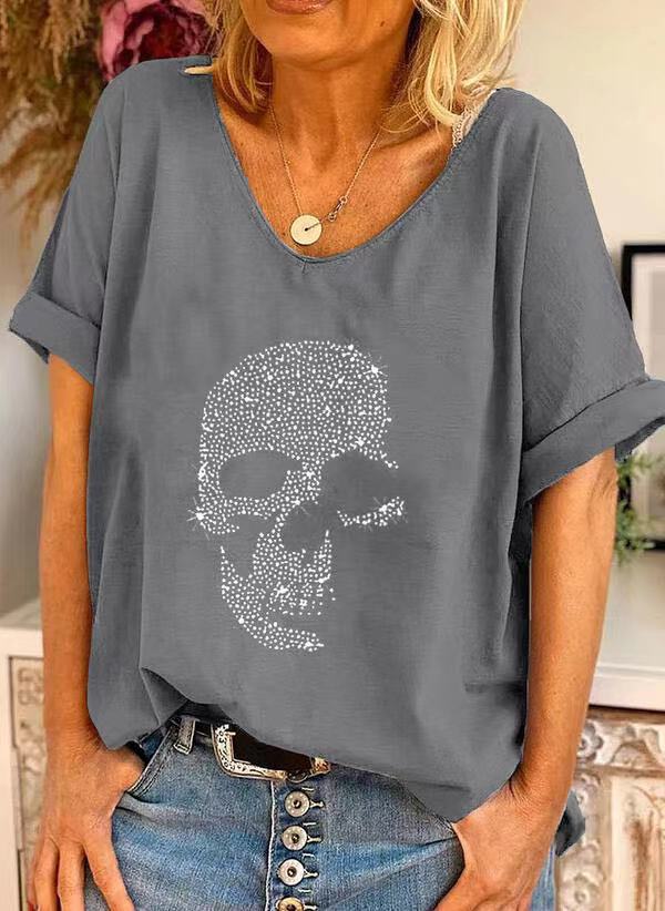 154g Weight Short Sleeve Sleeve Length Pullovers Placket Type Regular Sleeve Sleeve Type Wholesale Women'S Hip-Hop Skull Short Sleeve Printing Patchwork T-Shirts