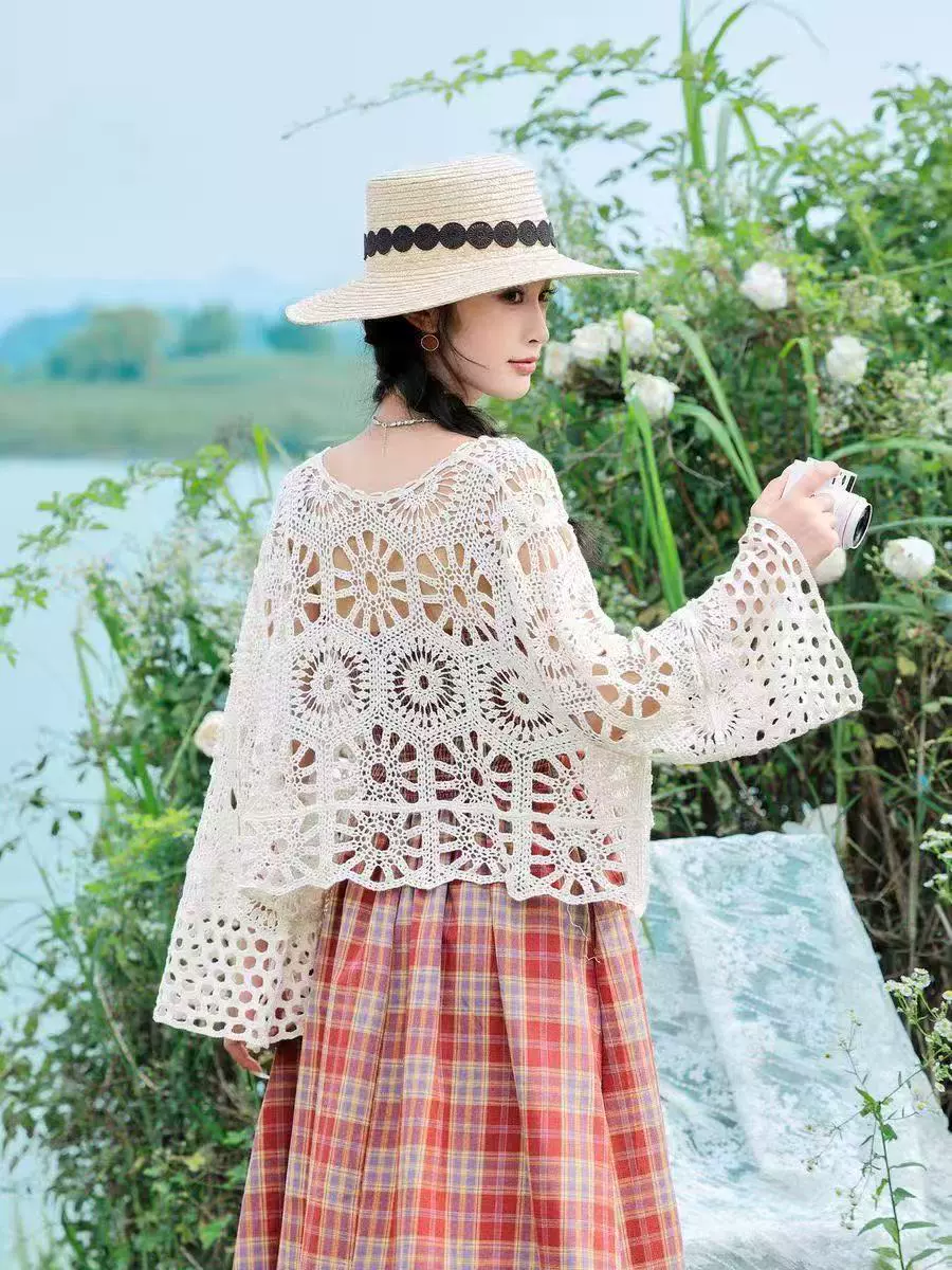 Summer thin knitted sweater, beach long-sleeve, jacket, with embroidery
