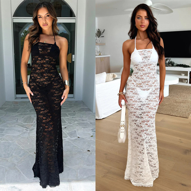 Cross-border summer European and American women's new women's fashion lace tube top dress sexy perspective slim sleeveless 8006