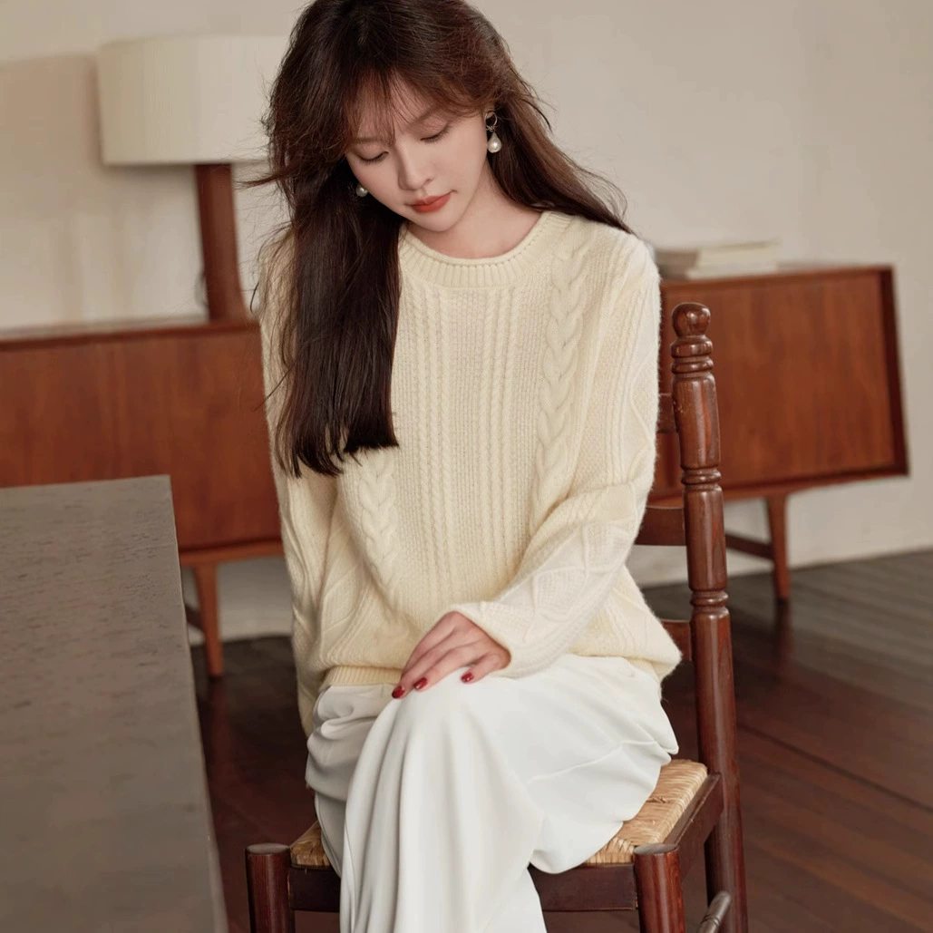 Консени 2024 осень-зима новый кашемировый свитер женский с круглым вырезом и скручивание цветов 100% чистый кашемировый вязаный свитер