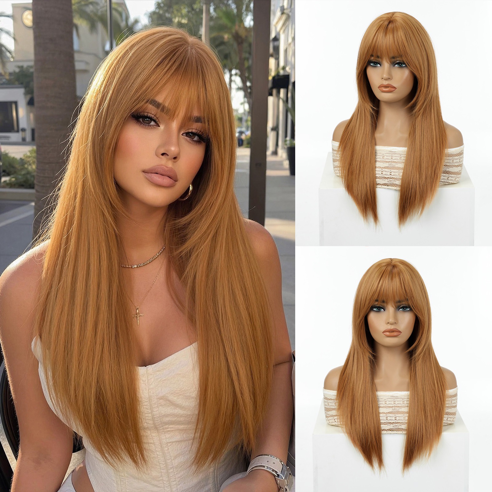 La nueva peluca transfronteriza es puramente lujuriosa, flequillo de aire, 30 pulgadas de capa marrón oscuro, cabello largo y recto, capucha completa. image 13