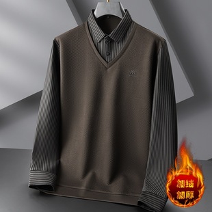 Fat brother 2024 autumn and winter men's fleece-lined fake two-piece T-shirt plus size fashion V-collar striped sweater