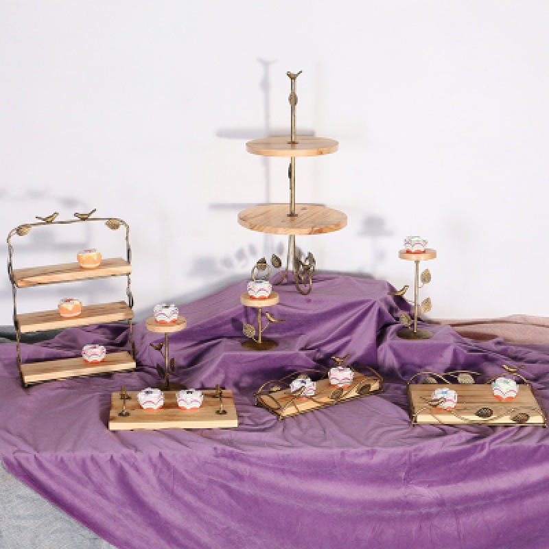 Nuevo marco de madera bandeja de hierro forjado marco de bocadillos marco europeo de madera sólida mesa de postres marco de exhibición conjunto de decoración pastel image 3