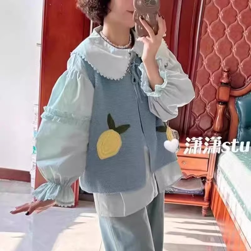 可爱柠檬马甲设计感针织开衫坎肩毛衣女学院风宽松马甲时尚上衣女|undefined