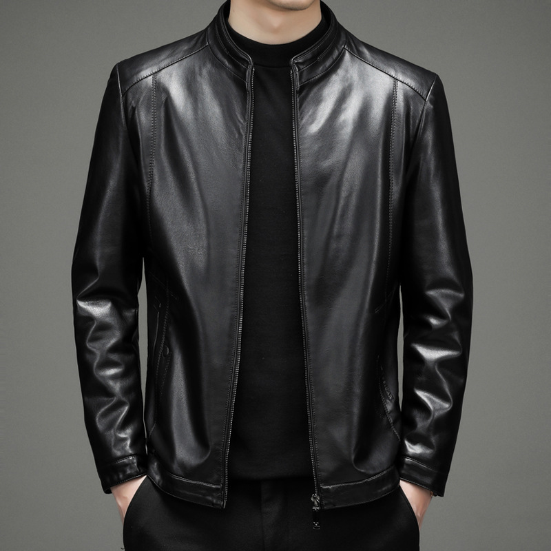 2022 Autumn and winter men's wear leather jacket Plush Single Stand collar leisure time leather clothing coat Mid length version