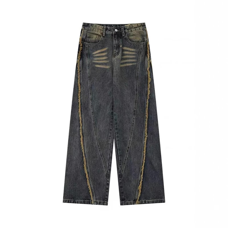 Men's Distressed Straight-Leg Jeans Vintage Washed High Street Denim Pants Raw Hem Slight Flare_mkmklike.com