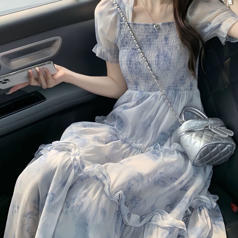 Tea-Inspired Floral Dress for Women, Summer 2026 New French Style Waist-Cinching Long Dress, Ethereal and Super Fairy-Like Tea-Inspired Floral Dress for Women, Summer 2026 New French Style Waist-Cinching Long Dress, Ethereal and Super Fairy-Like